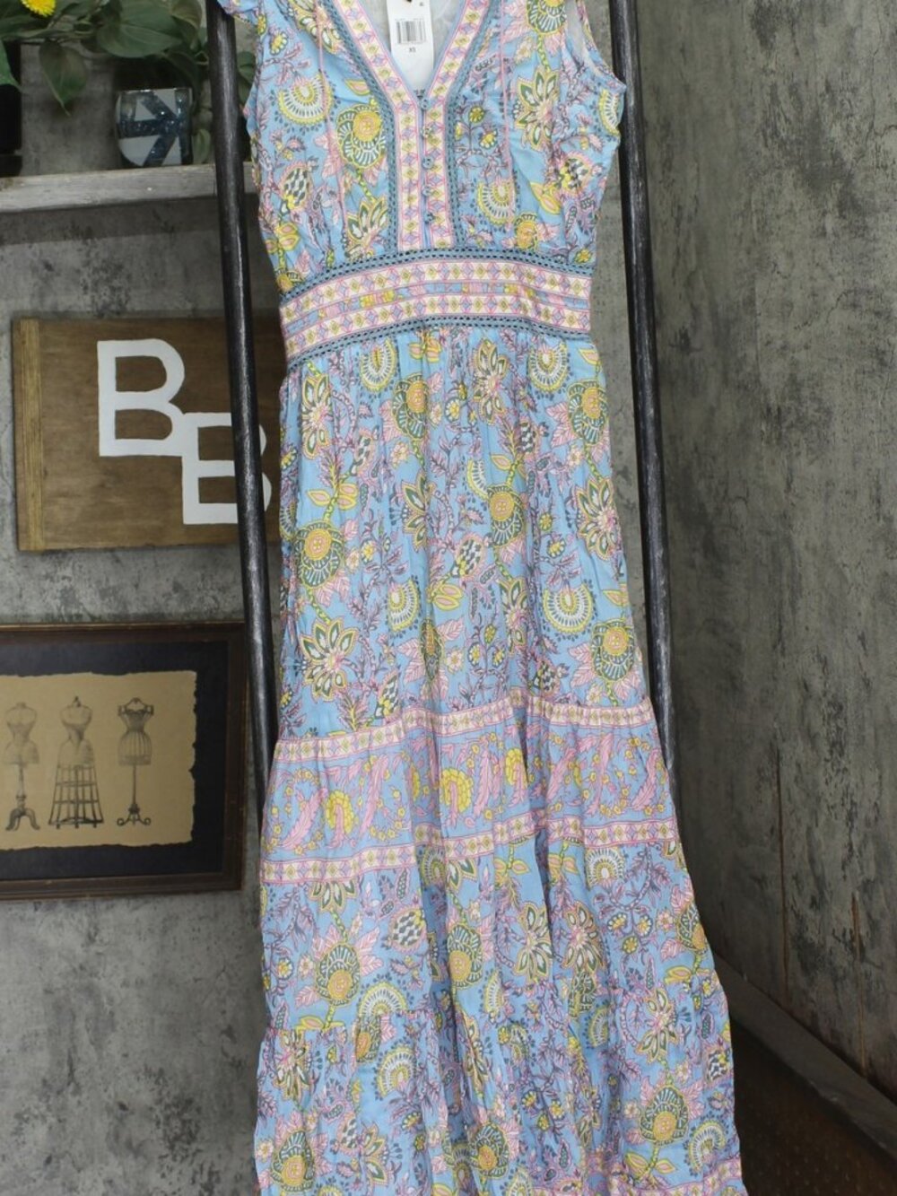 Bell Blue Silk Blend Tiered Annabelle Maxi Dress Yellow Print Xs Sz XS